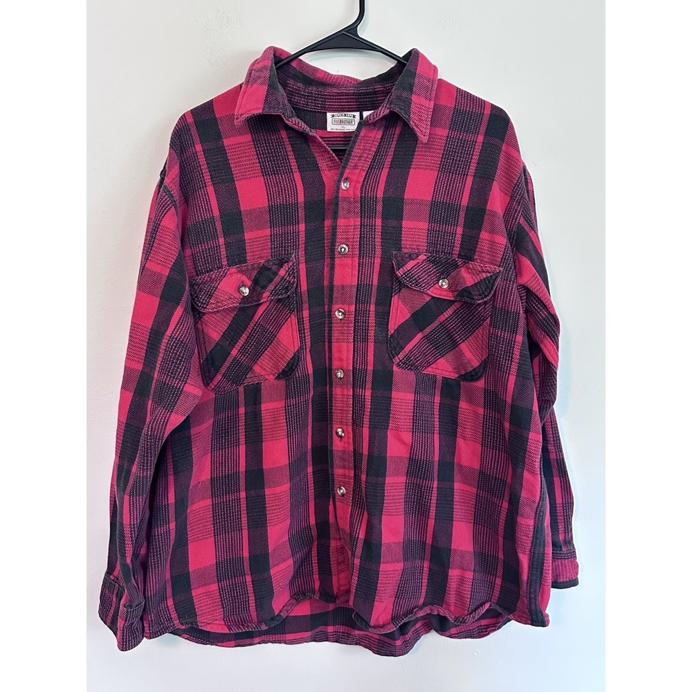 VTG Five Brother Flannel Shirt Mens XL Heavy Woven Cotton Check Red Plaid USA 90
